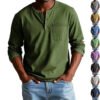 V-neck Long-sleeved T-shirt With Button Design Fashion Casual Solid Color Pullover Top Men's Clothing