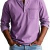 V-neck Long-sleeved T-shirt With Button Design Fashion Casual Solid Color Pullover Top Men's Clothing