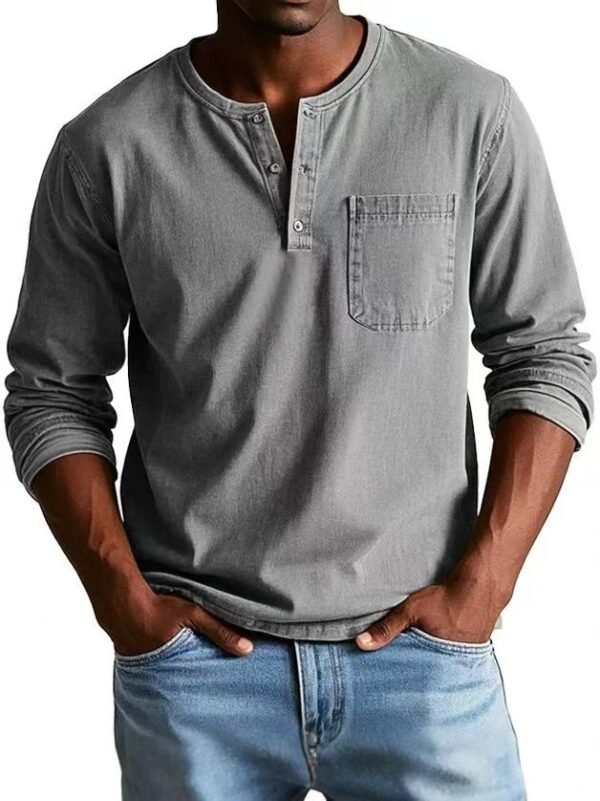 V-neck Long-sleeved T-shirt With Button Design Fashion Casual Solid Color Pullover Top Men's Clothing