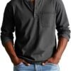 V-neck Long-sleeved T-shirt With Button Design Fashion Casual Solid Color Pullover Top Men's Clothing