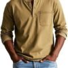 V-neck Long-sleeved T-shirt With Button Design Fashion Casual Solid Color Pullover Top Men's Clothing