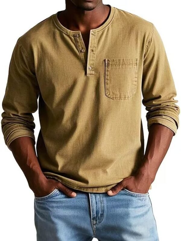 V-neck Long-sleeved T-shirt With Button Design Fashion Casual Solid Color Pullover Top Men's Clothing