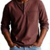 V-neck Long-sleeved T-shirt With Button Design Fashion Casual Solid Color Pullover Top Men's Clothing