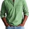 V-neck Long-sleeved T-shirt With Button Design Fashion Casual Solid Color Pullover Top Men's Clothing