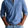 V-neck Long-sleeved T-shirt With Button Design Fashion Casual Solid Color Pullover Top Men's Clothing