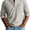 V-neck Long-sleeved T-shirt With Button Design Fashion Casual Solid Color Pullover Top Men's Clothing