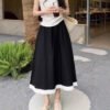 549601957 Blue Sweet Lace Trim A-Line Skirt Women Casual Anti-See-Through Elastic Waist Long Skirt