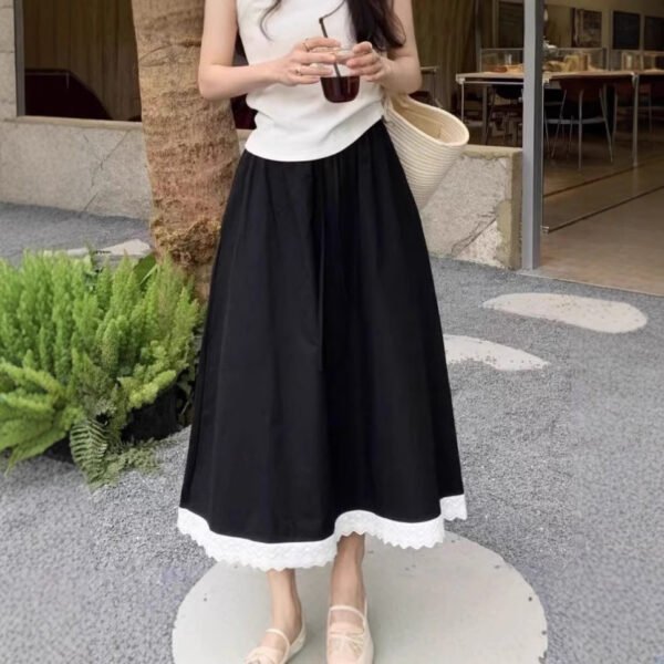 549601957 Blue Sweet Lace Trim A-Line Skirt Women Casual Anti-See-Through Elastic Waist Long Skirt