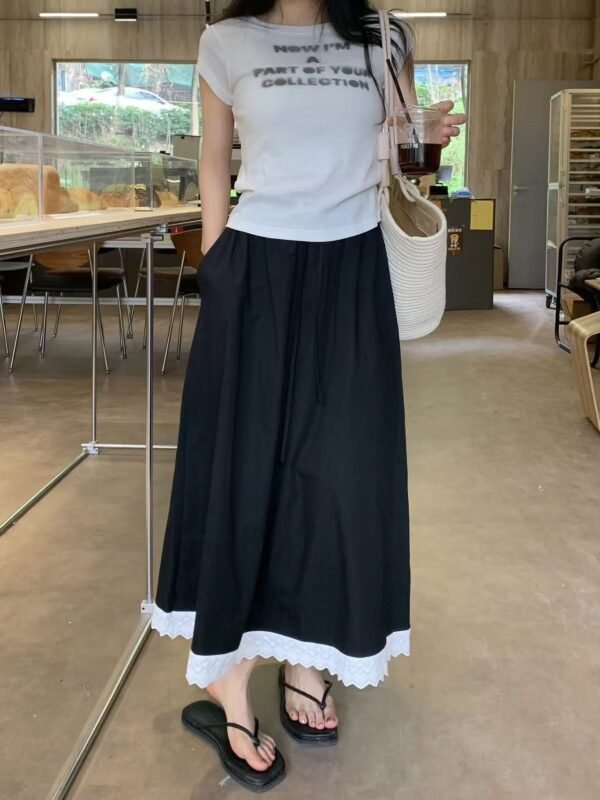 549601961 Blue Sweet Lace Trim A-Line Skirt Women Casual Anti-See-Through Elastic Waist Long Skirt