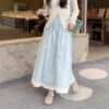 549601956 Blue Sweet Lace Trim A-Line Skirt Women Casual Anti-See-Through Elastic Waist Long Skirt