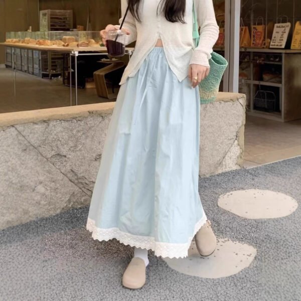 549601956 Blue Sweet Lace Trim A-Line Skirt Women Casual Anti-See-Through Elastic Waist Long Skirt