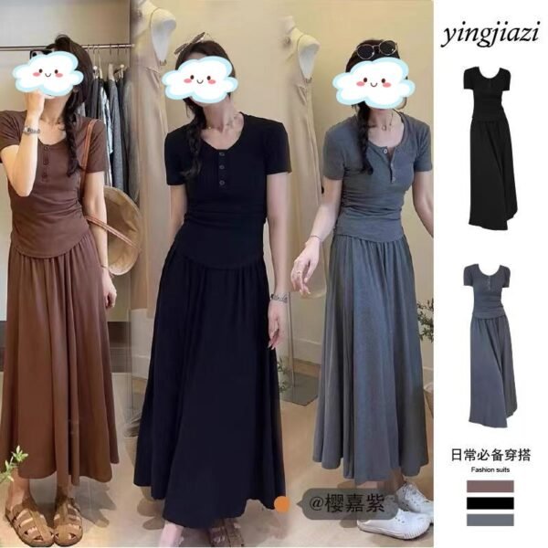 549601890 Design Sense Unique Short Sleeve T-Shirt Women's Summer Slimming Fitted Top and Midi Skirt Two-Piece Set