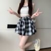 Vintage Plaid High-Waist Skirt with Belt and Pleats for Women, Slimming Short Skirt