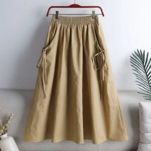 Casual Workwear Skirt Women's Solid Color Belted Drawstring Pocket Mid-Length Korean A-Line Skirt