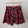 Vintage Plaid High-Waist Skirt with Belt and Pleats for Women, Slimming Short Skirt