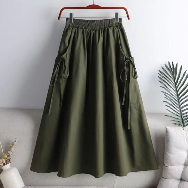 549601935 Casual Workwear Skirt Women's Solid Color Belted Drawstring Pocket Mid-Length Korean A-Line Skirt