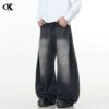 Black Faded Tapered Jeans Slim Baggy Loose Fit Casual Wide Leg Long Pants