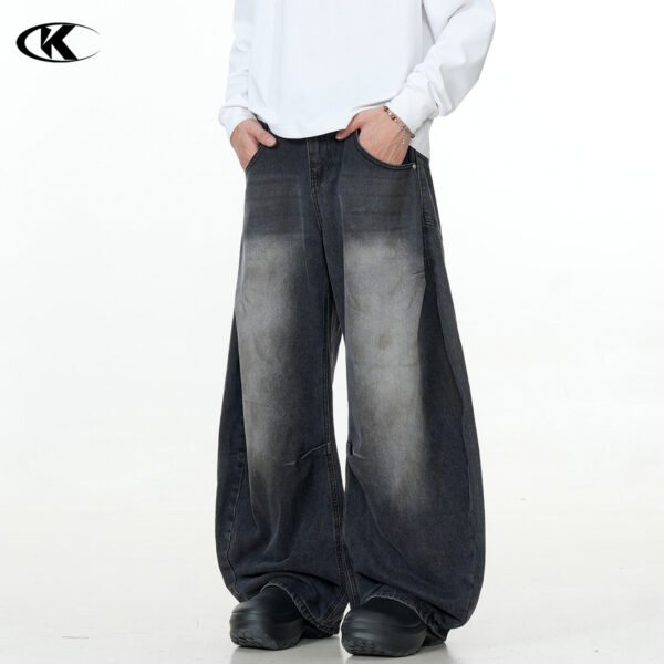 Black Faded Tapered Jeans Slim Baggy Loose Fit Casual Wide Leg Long Pants