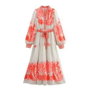 V-neck long sleeved printed waistband A-line dress for women