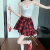 Vintage Plaid High-Waist Skirt with Belt and Pleats for Women, Slimming Short Skirt