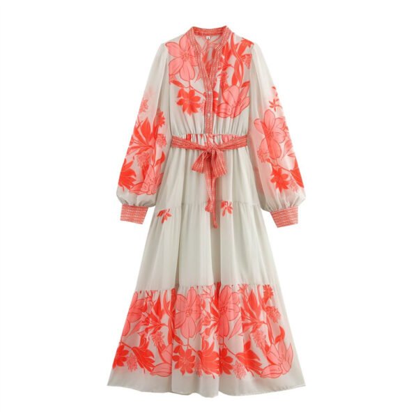 V-neck long sleeved printed waistband A-line dress for women