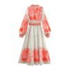 V-neck long sleeved printed waistband A-line dress for women