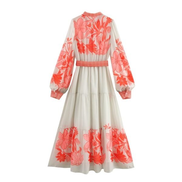 V-neck long sleeved printed waistband A-line dress for women