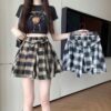 Vintage Plaid High-Waist Skirt with Belt and Pleats for Women, Slimming Short Skirt