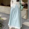 549601959 Blue Sweet Lace Trim A-Line Skirt Women Casual Anti-See-Through Elastic Waist Long Skirt