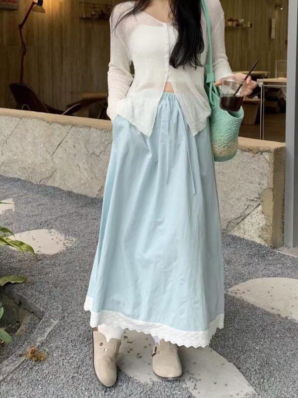 549601959 Blue Sweet Lace Trim A-Line Skirt Women Casual Anti-See-Through Elastic Waist Long Skirt