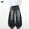 Black Faded Tapered Jeans Slim Baggy Loose Fit Casual Wide Leg Long Pants