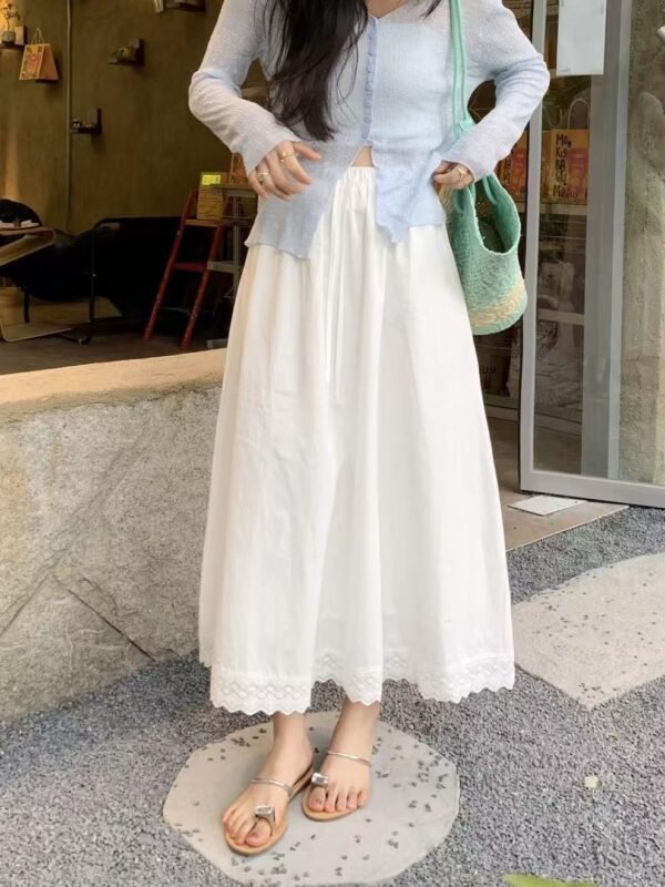 549601960 Blue Sweet Lace Trim A-Line Skirt Women Casual Anti-See-Through Elastic Waist Long Skirt