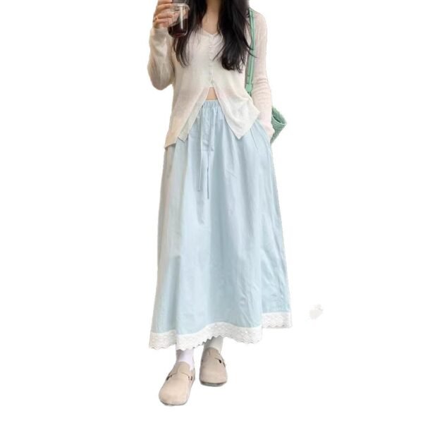 549601954 Blue Sweet Lace Trim A-Line Skirt Women Casual Anti-See-Through Elastic Waist Long Skirt