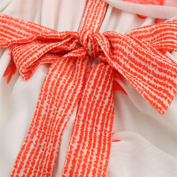 V-neck long sleeved printed waistband A-line dress for women