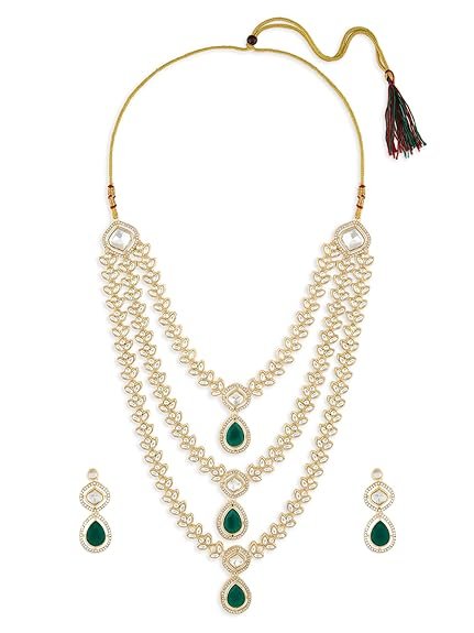ZAVERI PEARLS Green Dazzling Stones Austrian Diamonds Embellished Layered Necklace & Earring Set For Women-ZPFK18891