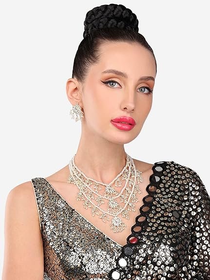 ZAVERI PEARLS Ethnic Kundan & Pearls Multi Layers Bridal Necklace Set For Women-ZPFK8689