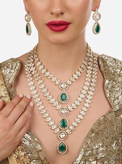 ZAVERI PEARLS Green Dazzling Stones Austrian Diamonds Embellished Layered Necklace & Earring Set For Women-ZPFK18891