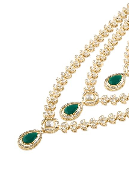 ZAVERI PEARLS Green Dazzling Stones Austrian Diamonds Embellished Layered Necklace & Earring Set For Women-ZPFK18891