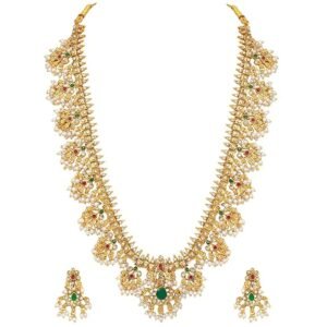 Peora Traditional Gold Plated Red Green Beads Studded Long Necklace Drop Earrings Set Ethnic Stylish Fashion Jewellery Gift for Women