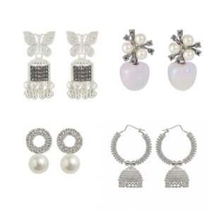 Elegant Pearl and Crystal Drop Earrings Set, Butterfly Jhumka Collection, Traditional Indian Style, 4 Pairs