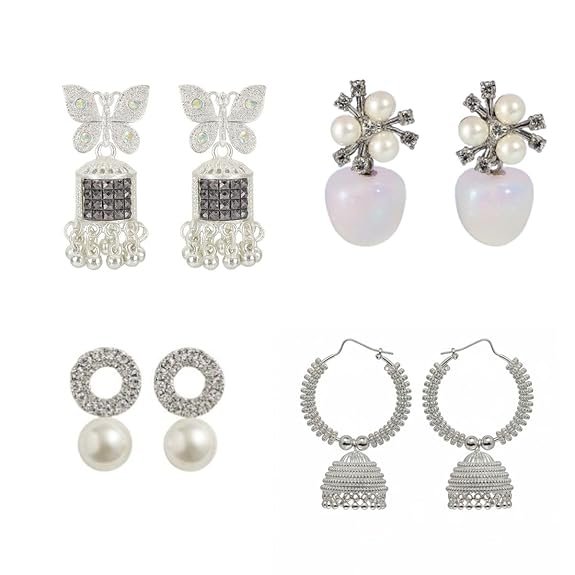 Elegant Pearl and Crystal Drop Earrings Set, Butterfly Jhumka Collection, Traditional Indian Style, 4 Pairs