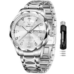 OLEVS Men's Business Watch Gold Blue with Large Easy-Read Analog Quartz Date Display Luxury Stainless Steel Band Waterproof Luminous Hands