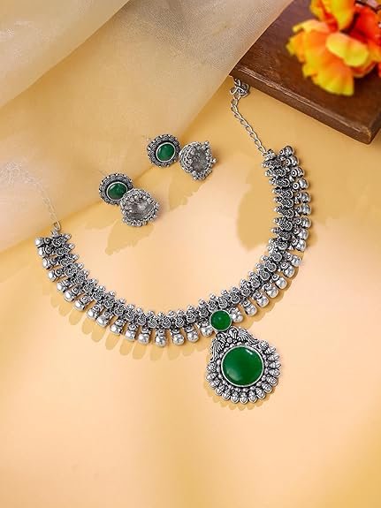 ff Yellow Chimes Exclusive Antique Design Vintage Oxidised Silver Kolhapuri Stone Choker Necklace Set with Jhumka Earrings for Women and Girls