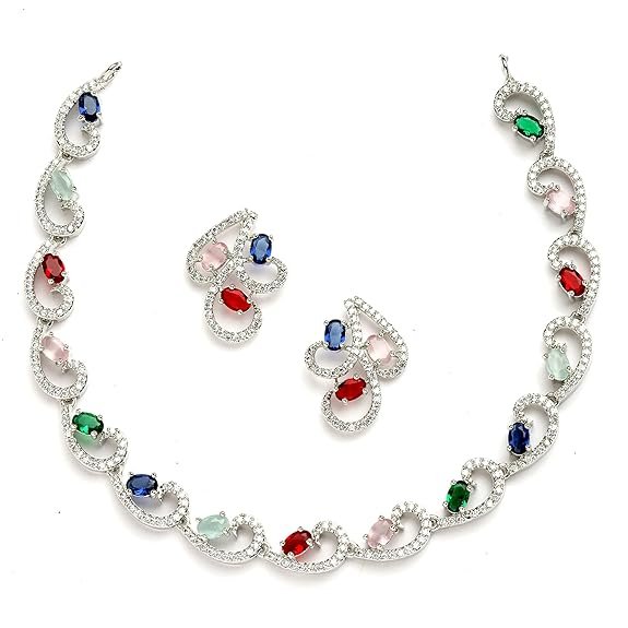 ZENEME Rhodium-Plated with Silver-Toned White Cubic Zirconia & American Diamond studded Necklace and Drop Earrings Jewellery Set for women