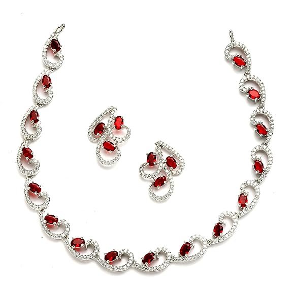 ZENEME Rhodium-Plated with Silver-Toned White Cubic Zirconia & American Diamond studded Necklace and Drop Earrings Jewellery Set for women