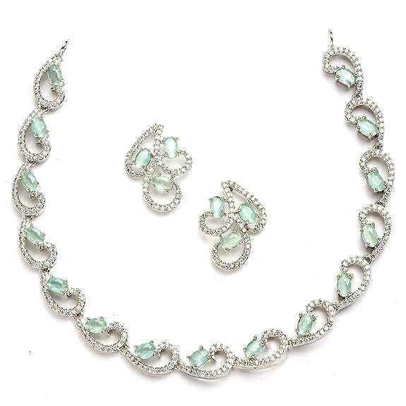 ZENEME Rhodium-Plated with Silver-Toned White Cubic Zirconia & American Diamond studded Necklace and Drop Earrings Jewellery Set for women