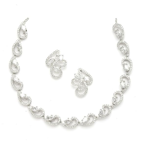 ZENEME Rhodium-Plated with Silver-Toned White Cubic Zirconia & American Diamond studded Necklace and Drop Earrings Jewellery Set for women