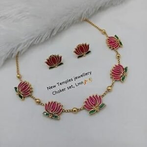 Traditional Lotus Flower Design Necklace Jewellery Set for Women & Girls | Gold Plated Alloy with Earrings | Cubic Zirconia, Adjustable Design No TM384