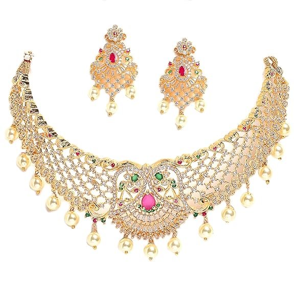ZENEME Zenem Gold Plated White & Red American Diamond Studded With Drop Pearl Beaded Jewellery Set For Women & Girl