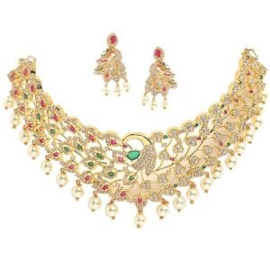 j9 ZENEME Zenem Gold Plated White & Red American Diamond Studded With Drop Pearl Beaded Jewellery Set For Women & Girl